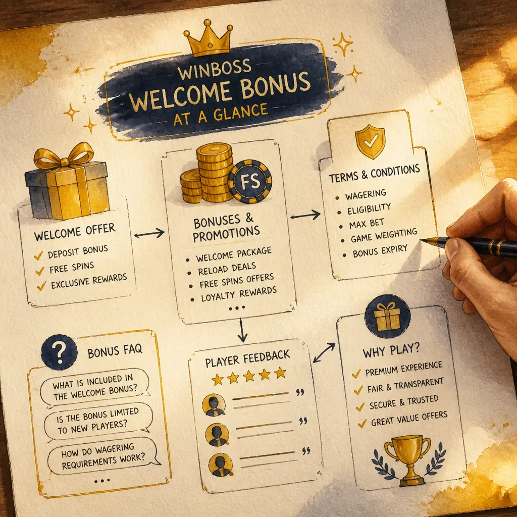 Winboss Casino Bonus – Welcome Offer and Promotions 2026 visual guide for Winboss